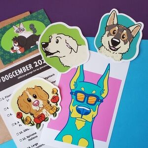 Dogcember Pack | 3 Vinyl Stickers, Small Art Print, + 2024 Dog Art Prompt List